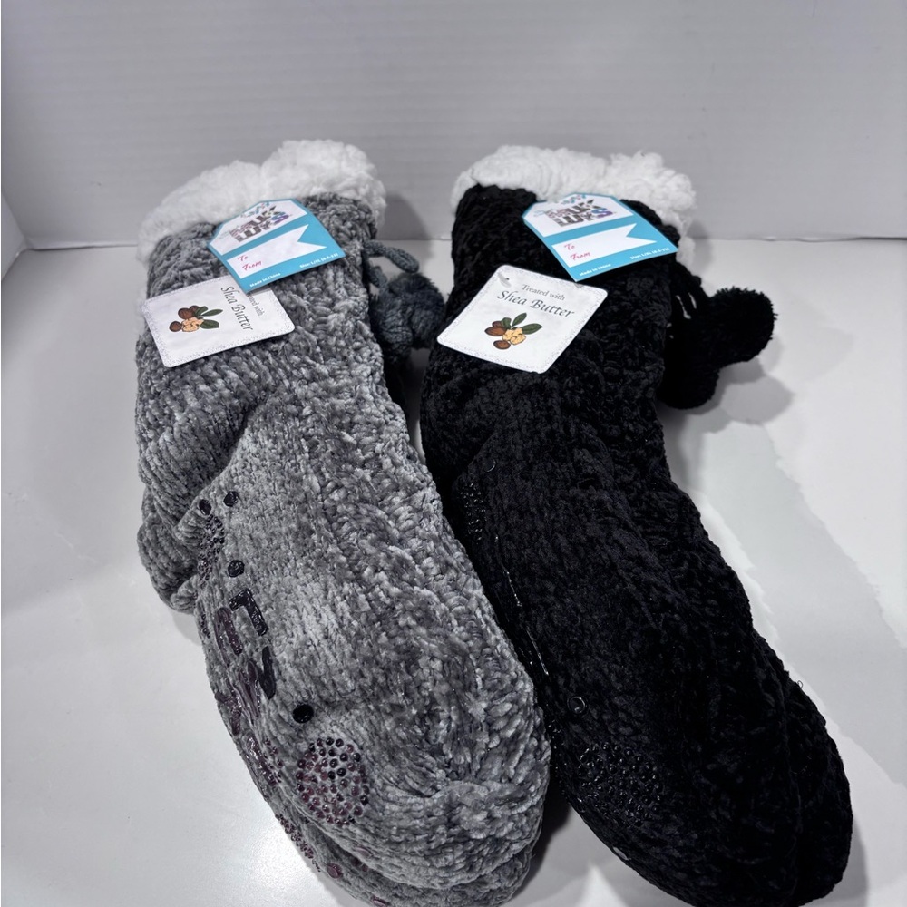 Musk-Luks Shea Butter Infused Slipper Socks 2 Pair Grey & Black Size L/XL NWT